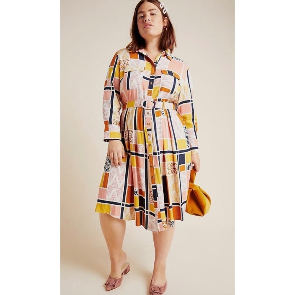 Anthropologie Multicolor Geometric Print Midi Shirtdress